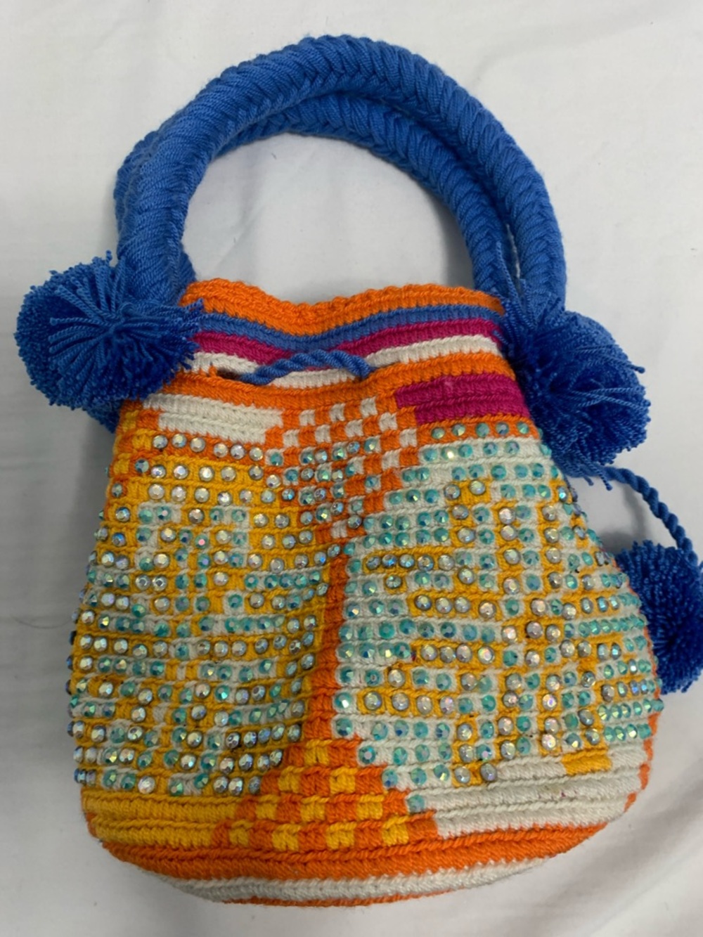 Mini Wayuu Bucket Bag w Pompom n Crystals Colombian Hand woven Festive Boho